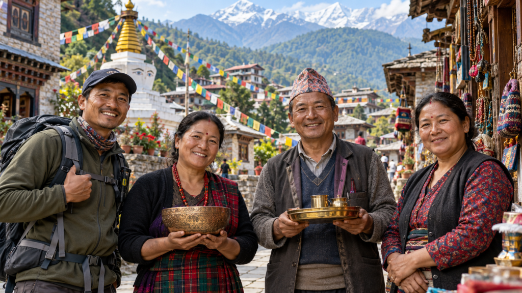 Quatre personnes souriantes dans un village himalayen, avec un bol et un plateau de tasses, des drapeaux de prière et des montagnes enneigées à l’arrière-plan.