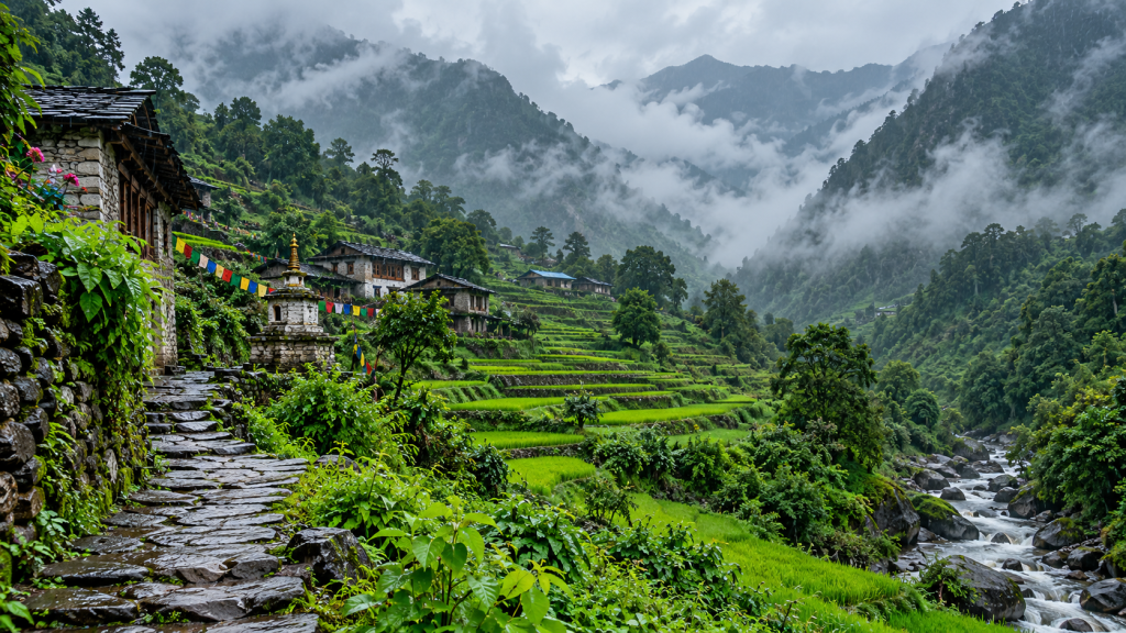 Village himalayen aux maisons de pierre, rizières en terrasses et rivière, dans une vallée verdoyante enveloppée de brume sous un ciel couvert.